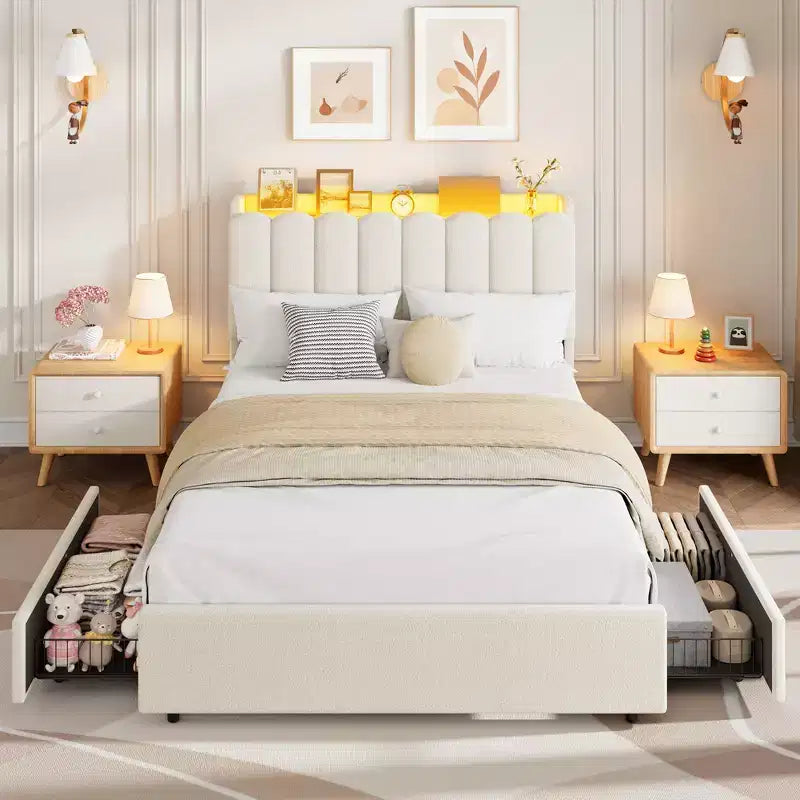 Base de cama tapizada con plataforma, cabecero con almacenamiento y cajones, resistentes listones de madera, estructura metálica silenciosa, alta resistencia, fácil montaje,
