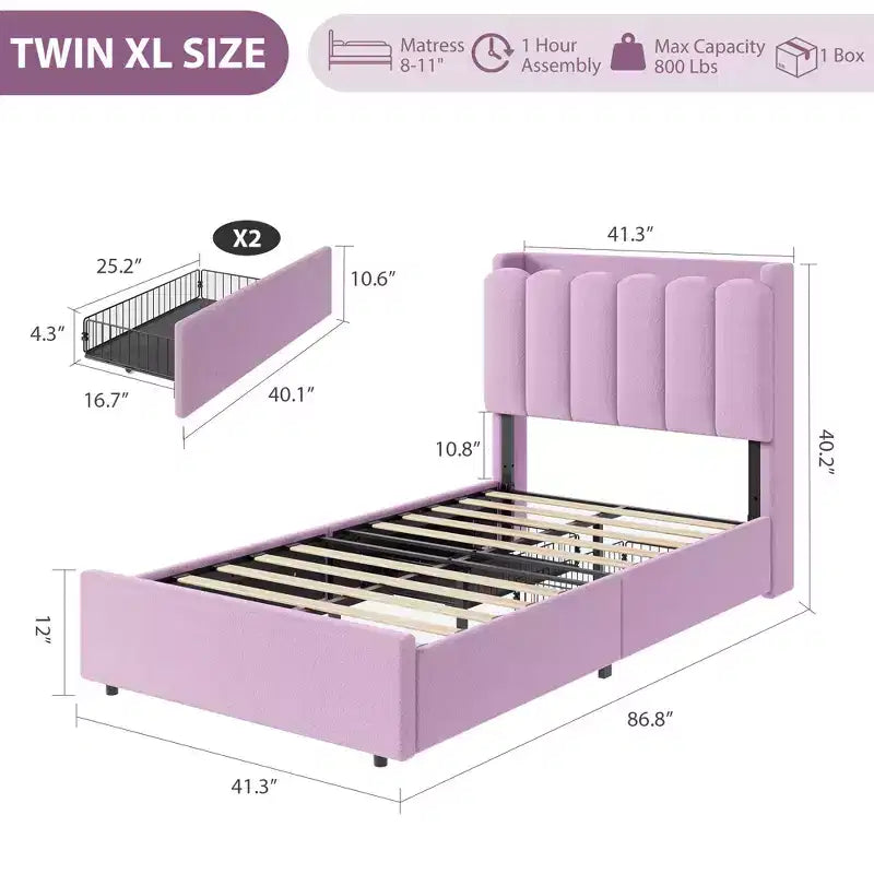 Base de cama tapizada con plataforma, cabecero con almacenamiento y cajones, resistentes listones de madera, estructura metálica silenciosa, alta resistencia, fácil montaje,