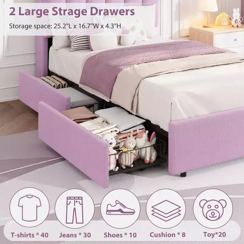 Base de cama tapizada con plataforma, cabecero con almacenamiento y cajones, resistentes listones de madera, estructura metálica silenciosa, alta resistencia, fácil montaje,