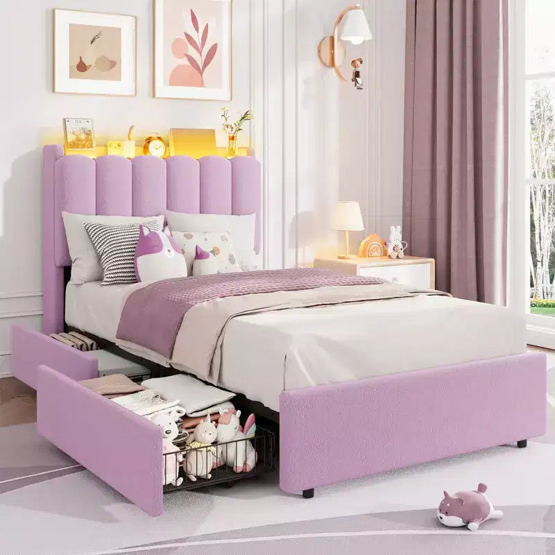 Base de cama tapizada con plataforma, cabecero con almacenamiento y cajones, resistentes listones de madera, estructura metálica silenciosa, alta resistencia, fácil montaje,