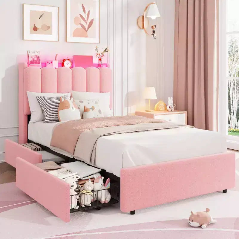Base de cama tapizada con plataforma, cabecero con almacenamiento y cajones, resistentes listones de madera, estructura metálica silenciosa, alta resistencia, fácil montaje,