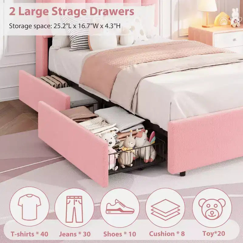 Base de cama tapizada con plataforma, cabecero con almacenamiento y cajones, resistentes listones de madera, estructura metálica silenciosa, alta resistencia, fácil montaje,