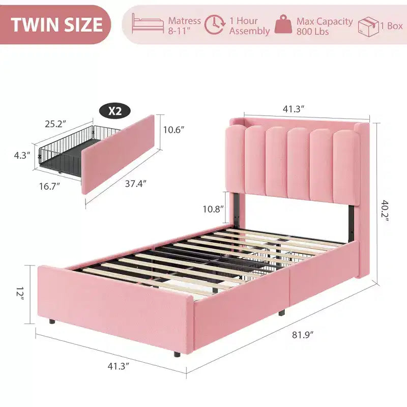 Base de cama tapizada con plataforma, cabecero con almacenamiento y cajones, resistentes listones de madera, estructura metálica silenciosa, alta resistencia, fácil montaje,