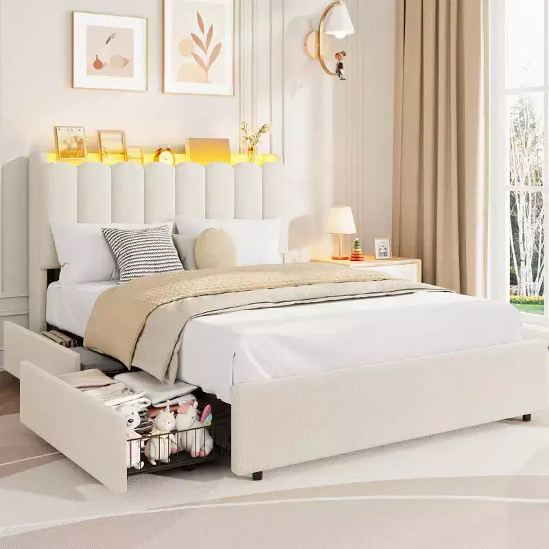 Base de cama tapizada con plataforma, cabecero con almacenamiento y cajones, resistentes listones de madera, estructura metálica silenciosa, alta resistencia, fácil montaje,