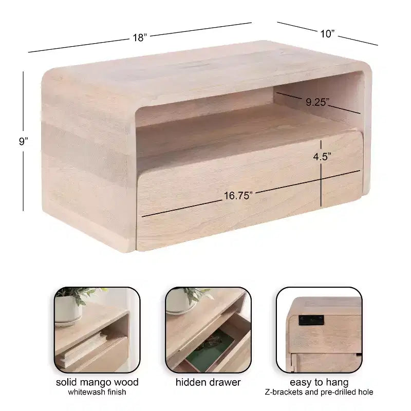 Mesa auxiliar flotante de 45,7x25,4x22,9 cm, blanca, madera de mango maciza con cajón