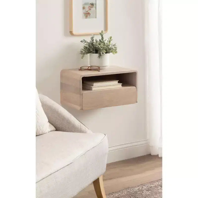 Mesa auxiliar flotante de 45,7x25,4x22,9 cm, blanca, madera de mango maciza con cajón
