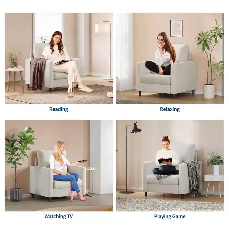 Lounge Sofa  A modern single upholstered chair suitable for living room or bedroom, featuring a mid-century wooden frame, comfortable and compact.