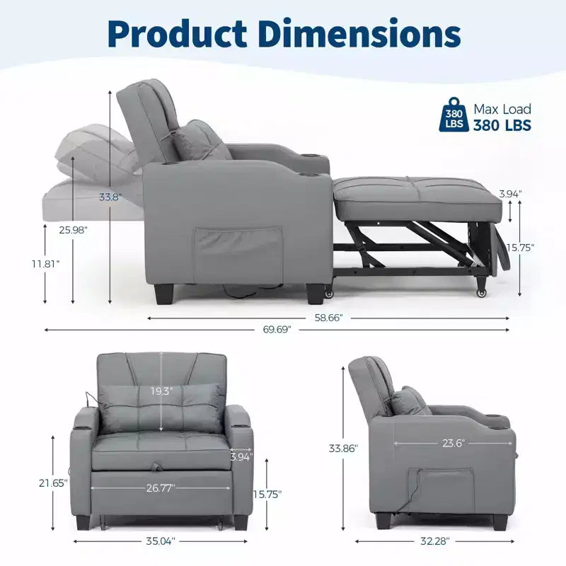 3-in-1 Convertible Sofa Bed - Pull-out sofa chair with adjustable backrest, cup holder, and side pockets - space-saving, suitable for living room