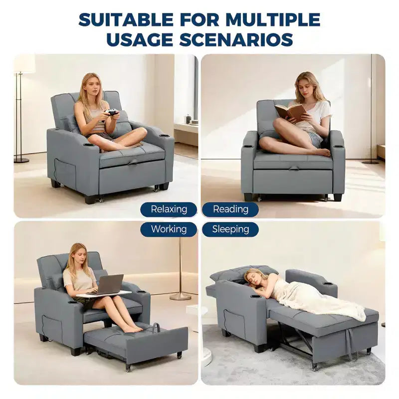 3-in-1 Convertible Sofa Bed - Pull-out sofa chair with adjustable backrest, cup holder, and side pockets - space-saving, suitable for living room