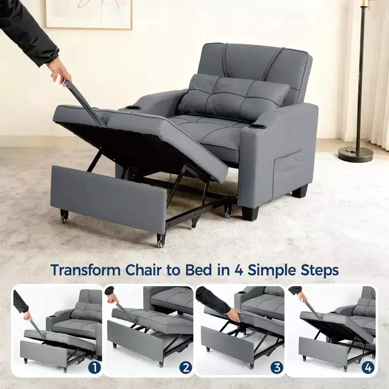 3-in-1 Convertible Sofa Bed - Pull-out sofa chair with adjustable backrest, cup holder, and side pockets - space-saving, suitable for living room