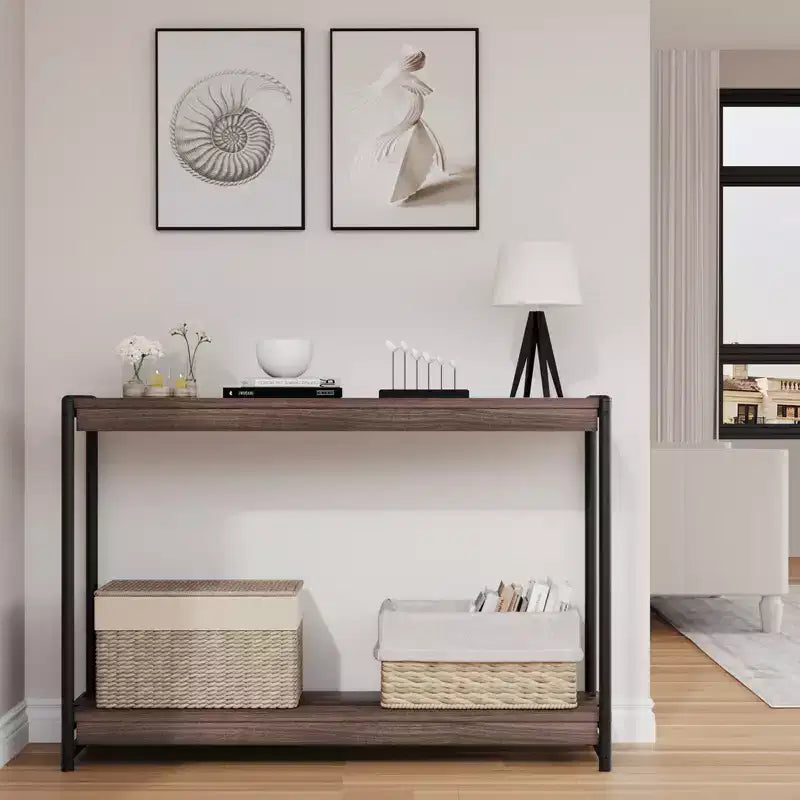 Mesa Consola de Granja de 40" con 2 Estantes, Sofá y Mesa de Entrada de Listones Grises