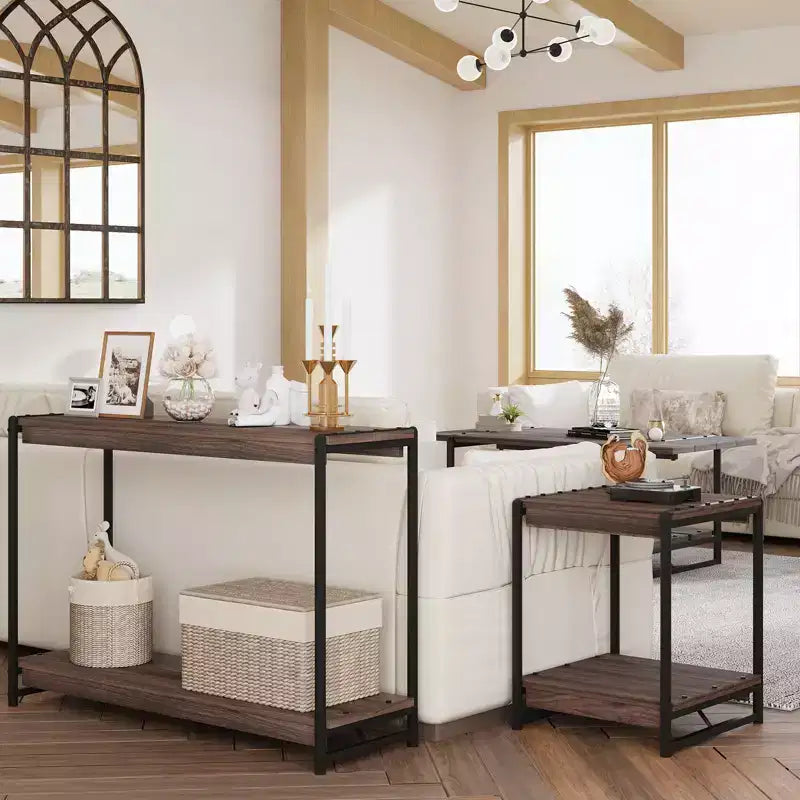 Mesa Consola de Granja de 40" con 2 Estantes, Sofá y Mesa de Entrada de Listones Grises