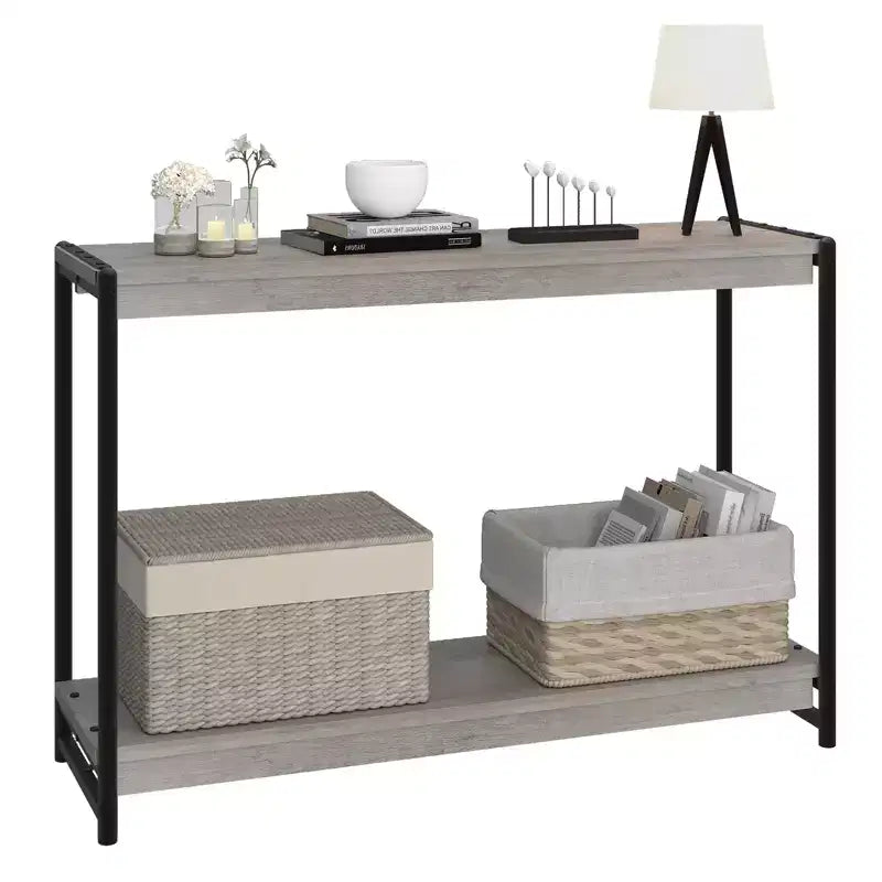 Mesa Consola de Granja de 40" con 2 Estantes, Sofá y Mesa de Entrada de Listones Grises