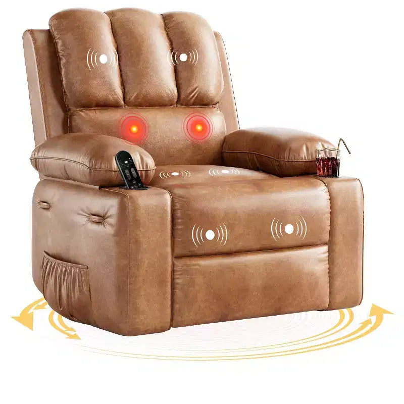 Rocking chair/recliner, small swivel rocking sofa chair with heating and vibration massage functions, leather baby room recliner with cup holder