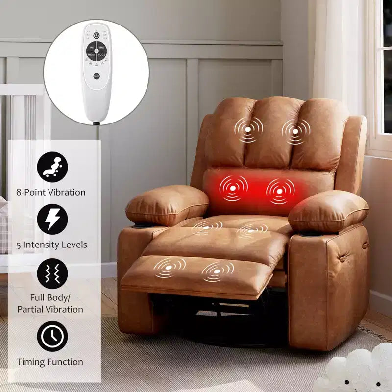 Rocking chair/recliner, small swivel rocking sofa chair with heating and vibration massage functions, leather baby room recliner with cup holder