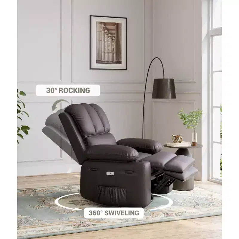 Extra-large recliner for living room  PU leather swivel rocking chair with massage and heating functions, cup holder, side pockets