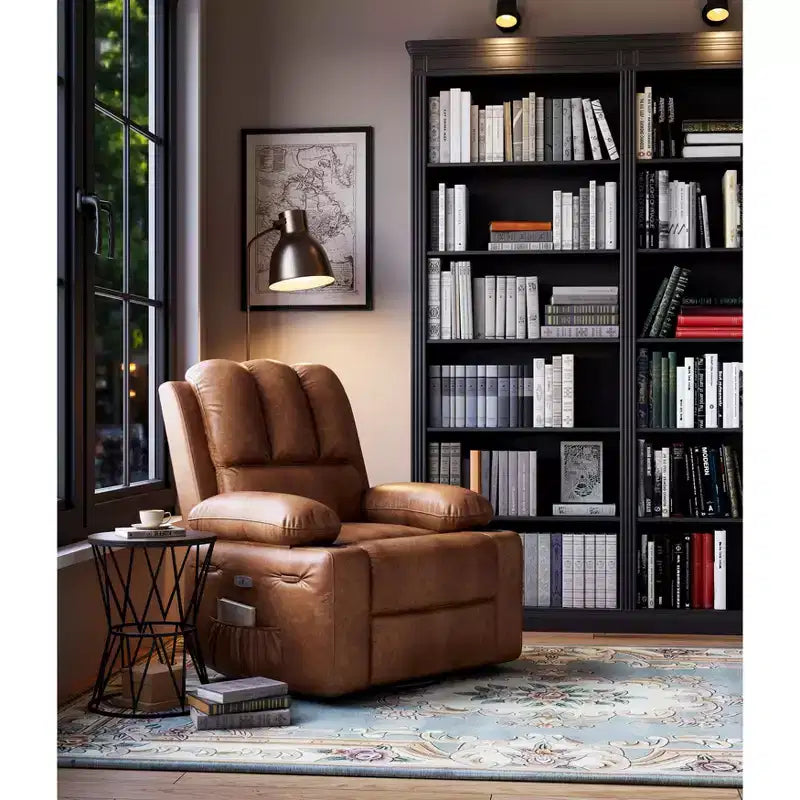 Extra-large recliner for living room  PU leather swivel rocking chair with massage and heating functions, cup holder, side pockets