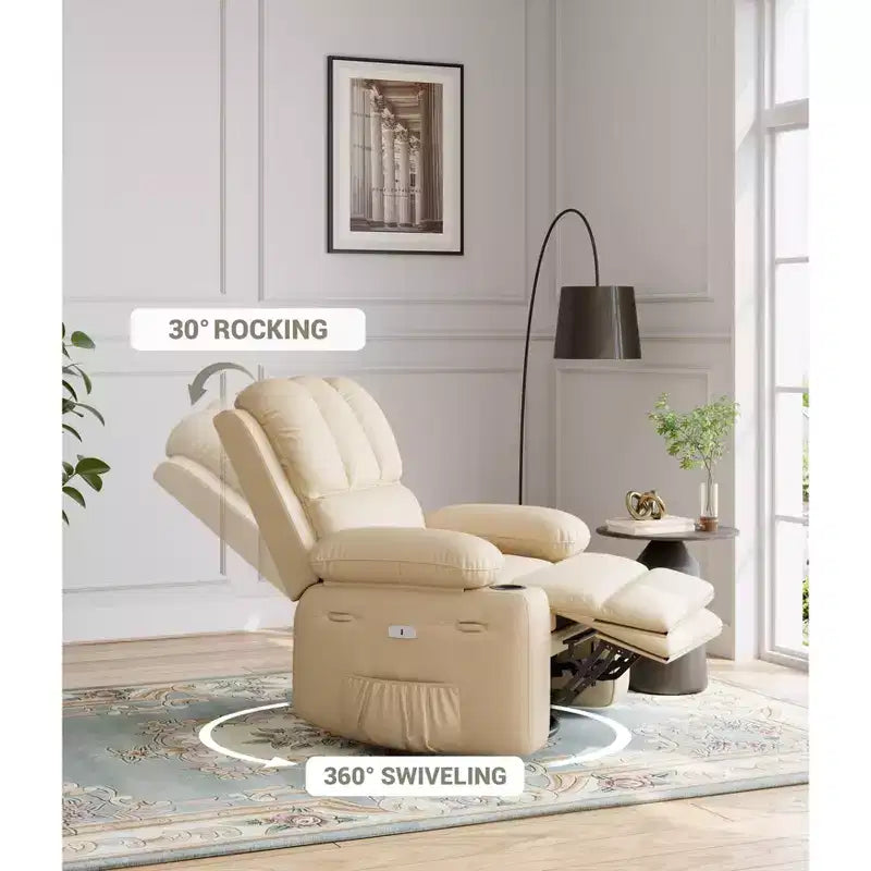 Extra-large recliner for living room  PU leather swivel rocking chair with massage and heating functions, cup holder, side pockets