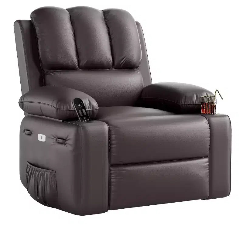 Fauteuil inclinable extra-large pour salon, en cuir PU, pivotant et à bascule, avec fonctions massage et chauffage, porte-gobelet et poches latérales