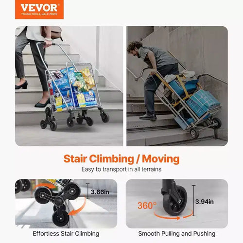 Carrito de almacenamiento para subir escaleras de 45 L, ruedas giratorias 360° y triple, carrito utilitario plegable y ligero para lavandería y viajes, plateado