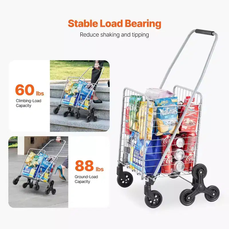 Carrito de almacenamiento para subir escaleras de 45 L, ruedas giratorias 360° y triple, carrito utilitario plegable y ligero para lavandería y viajes, plateado