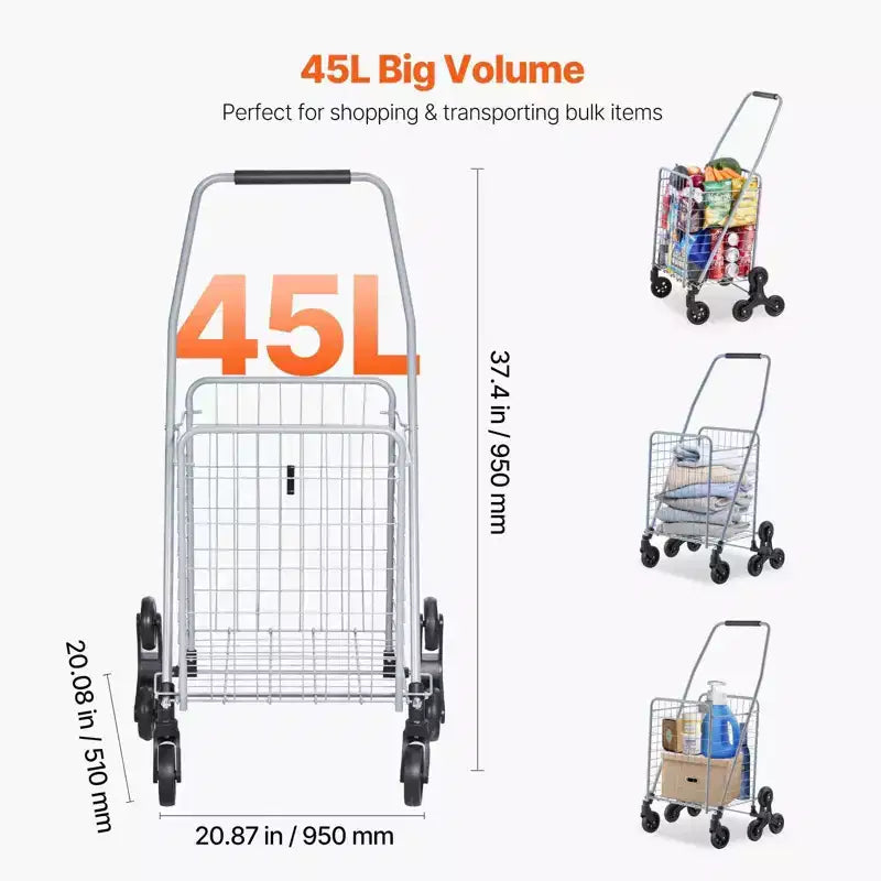 Carrito de almacenamiento para subir escaleras de 45 L, ruedas giratorias 360° y triple, carrito utilitario plegable y ligero para lavandería y viajes, plateado