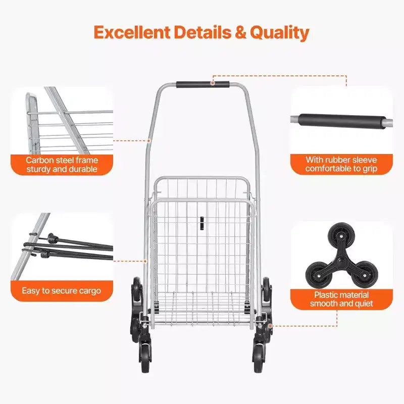 Carrito de almacenamiento para subir escaleras de 45 L, ruedas giratorias 360° y triple, carrito utilitario plegable y ligero para lavandería y viajes, plateado