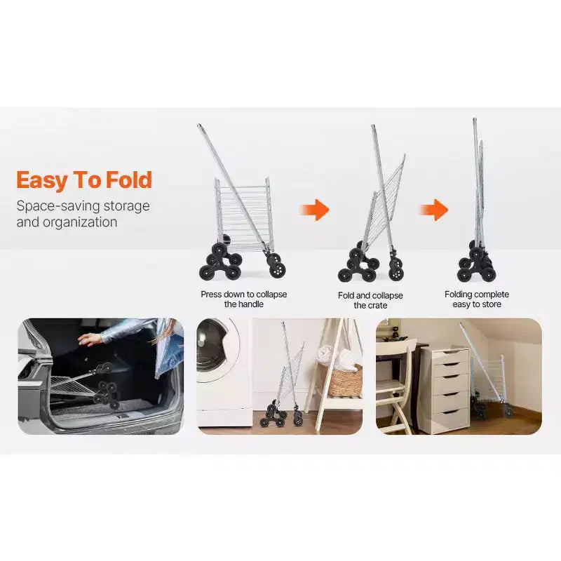 Carrito de almacenamiento para subir escaleras de 45 L, ruedas giratorias 360° y triple, carrito utilitario plegable y ligero para lavandería y viajes, plateado