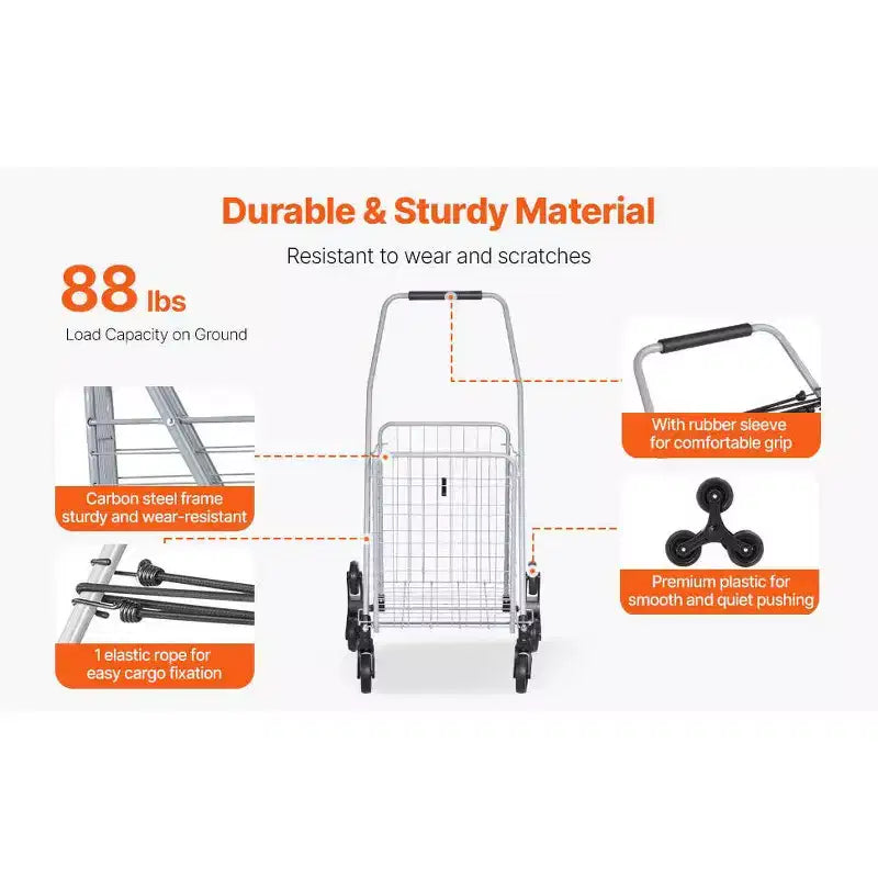 Carrito de almacenamiento para subir escaleras de 45 L, ruedas giratorias 360° y triple, carrito utilitario plegable y ligero para lavandería y viajes, plateado