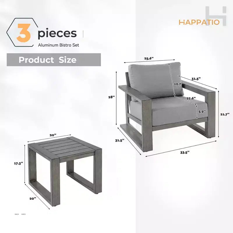 Juego de muebles de patio de aluminio HAPPATIO, juego de conversación de exterior de gran tamaño de 3 piezas con asientos profundos y reposabrazos anchos, funda Sunbrella incluida