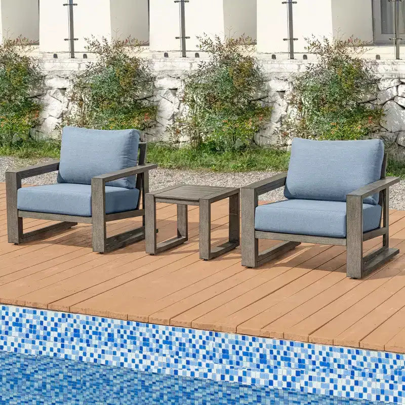 Juego de muebles de patio de aluminio HAPPATIO, juego de conversación de exterior de gran tamaño de 3 piezas con asientos profundos y reposabrazos anchos, funda Sunbrella incluida