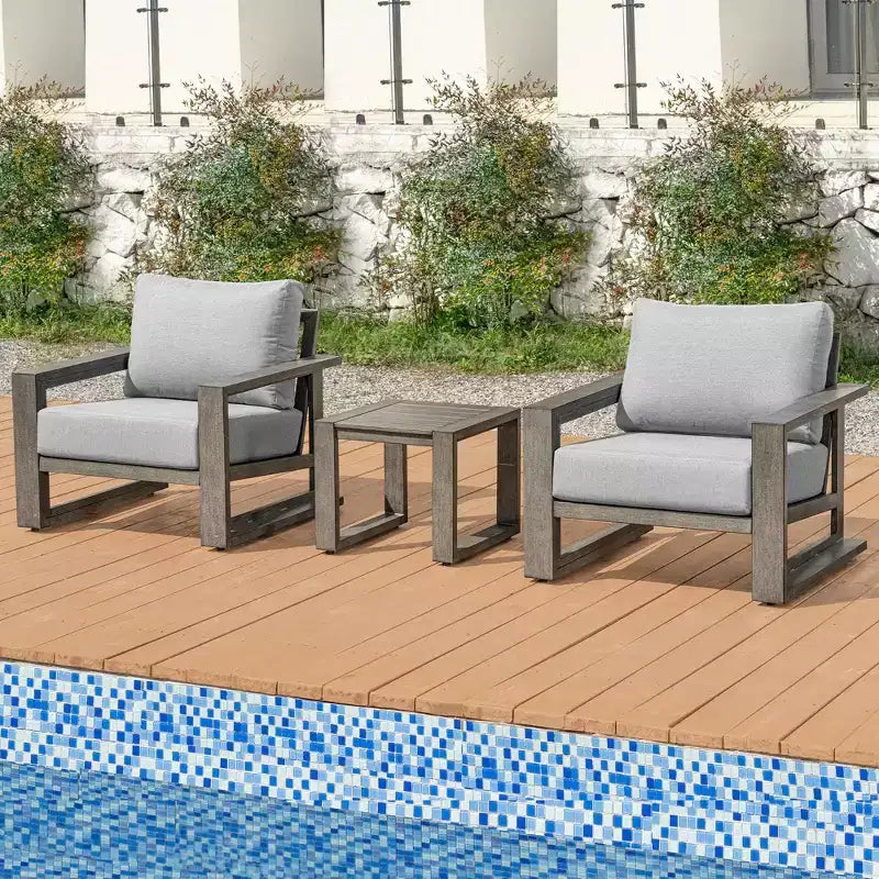 Juego de muebles de patio de aluminio HAPPATIO, juego de conversación de exterior de gran tamaño de 3 piezas con asientos profundos y reposabrazos anchos, funda Sunbrella incluida