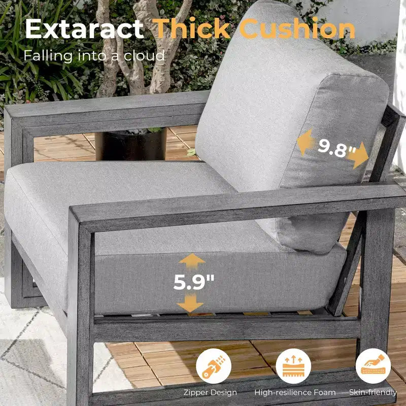 Juego de muebles de patio de aluminio HAPPATIO, juego de conversación de exterior de gran tamaño de 3 piezas con asientos profundos y reposabrazos anchos, funda Sunbrella incluida