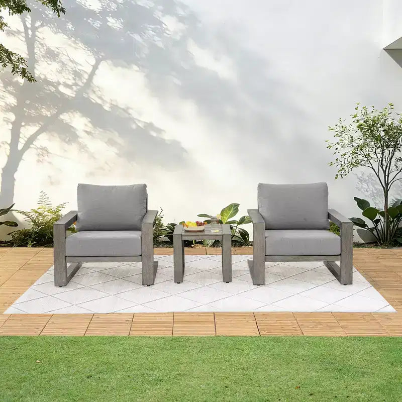 Juego de muebles de patio de aluminio HAPPATIO, juego de conversación de exterior de gran tamaño de 3 piezas con asientos profundos y reposabrazos anchos, funda Sunbrella incluida