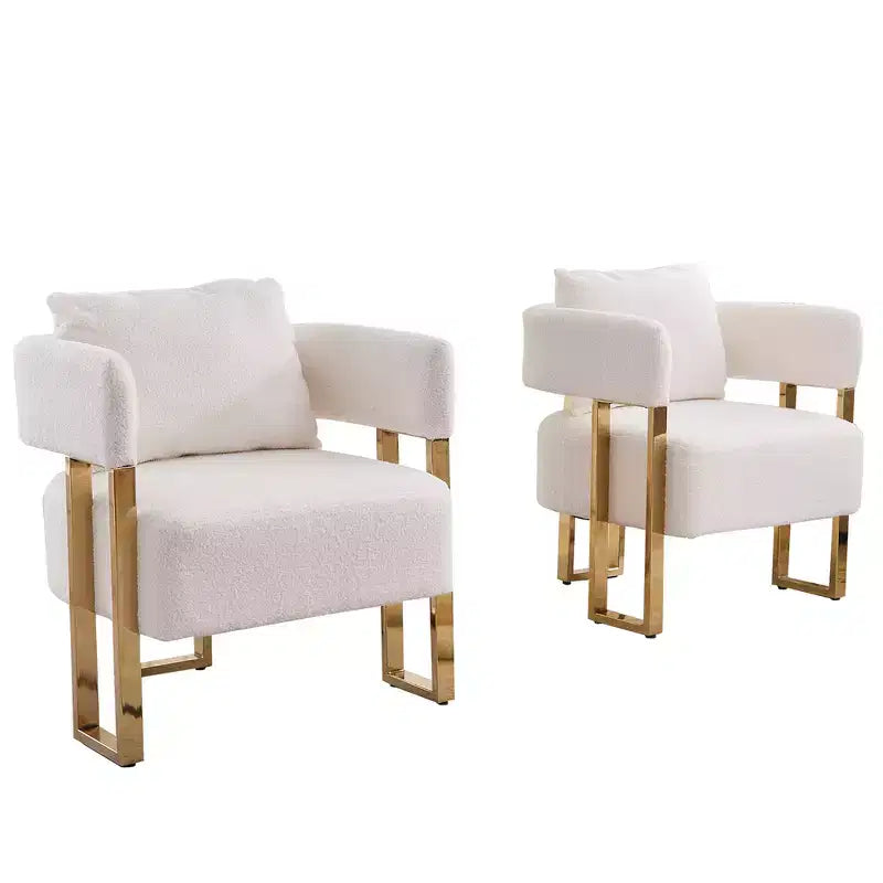 Juego de 2 sillones modernos, tapizados en forro polar tipo borrego con patas de metal dorado