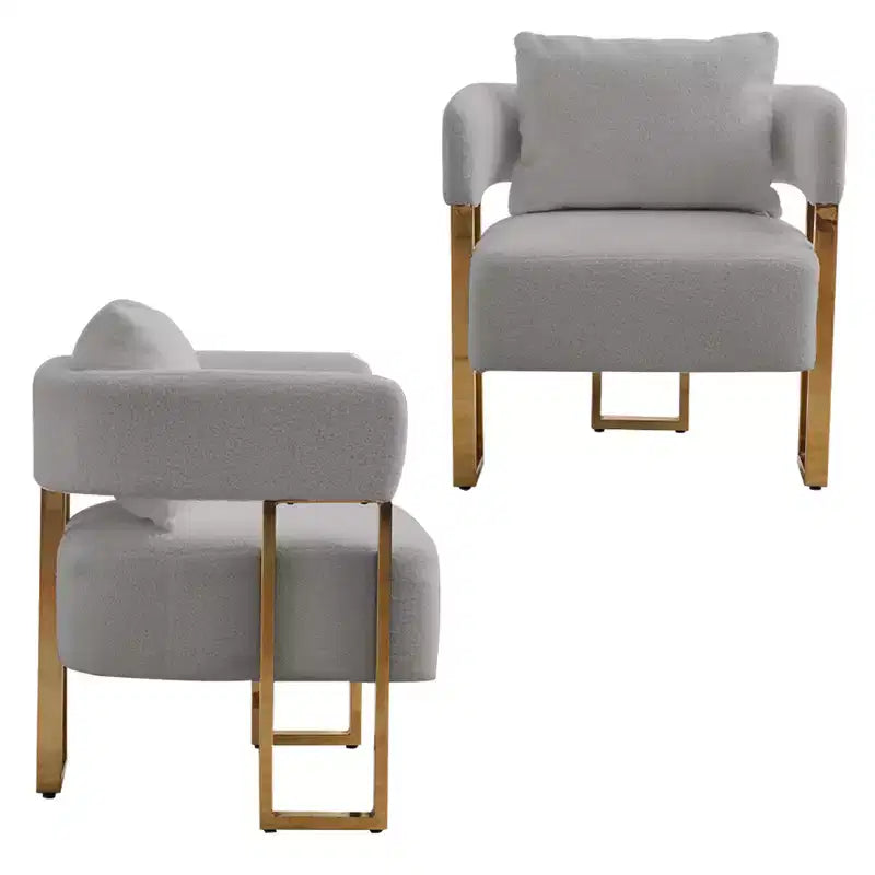 Juego de 2 sillones modernos, tapizados en forro polar tipo borrego con patas de metal dorado