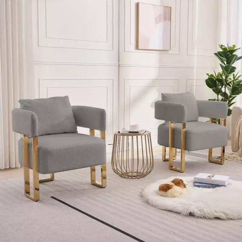 Juego de 2 sillones modernos, tapizados en forro polar tipo borrego con patas de metal dorado