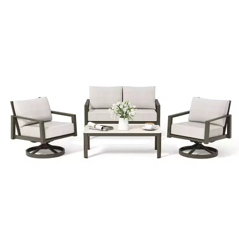 Juego de conversación para patio HAPPATIO, juego de muebles de patio extragrande de aluminio de 4 piezas con respaldo de cuerda trenzada para patio, porche, balcón