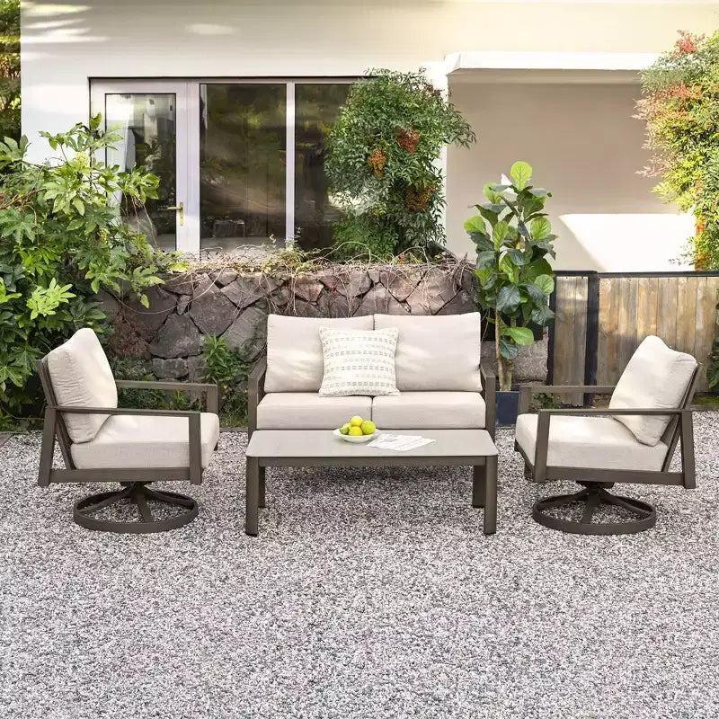 Juego de conversación para patio HAPPATIO, juego de muebles de patio extragrande de aluminio de 4 piezas con respaldo de cuerda trenzada para patio, porche, balcón