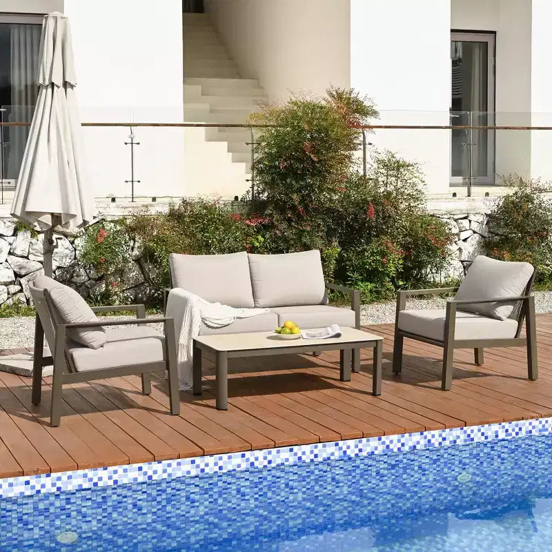 Juego de conversación para patio HAPPATIO, juego de muebles de patio extragrande de aluminio de 4 piezas con respaldo de cuerda trenzada para patio, porche, balcón
