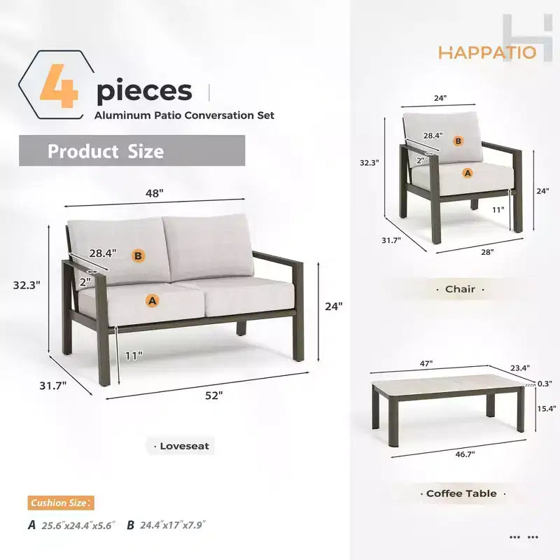Juego de conversación para patio HAPPATIO, juego de muebles de patio extragrande de aluminio de 4 piezas con respaldo de cuerda trenzada para patio, porche, balcón