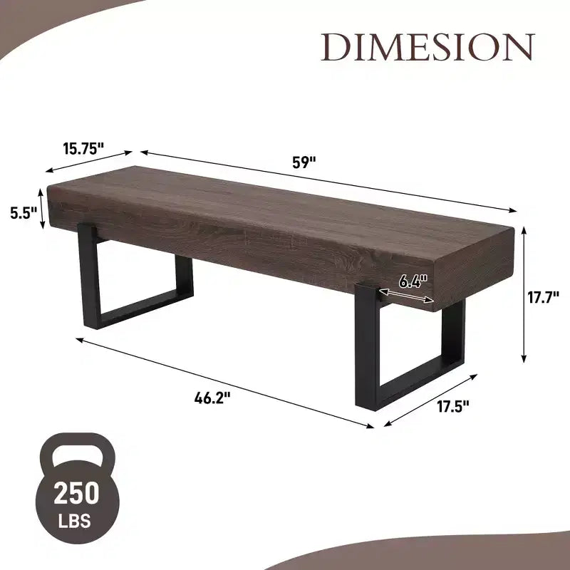 Banco de comedor rústico de 59 pulgadas con tablero de MDF y patas de metal para múltiples usos