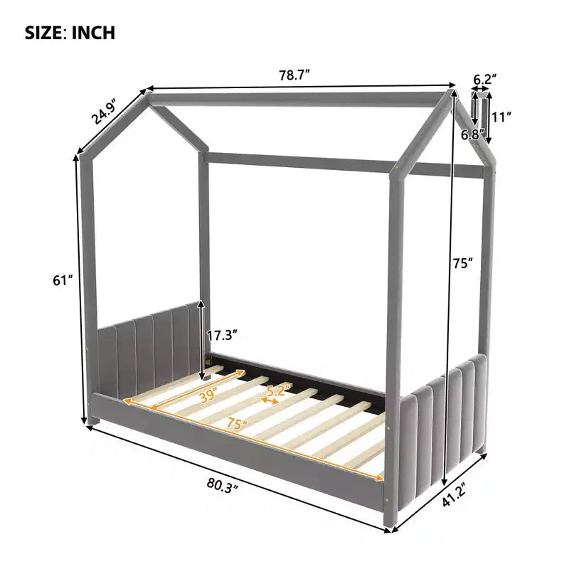 Cama de terciopelo para habitación infantil, gris