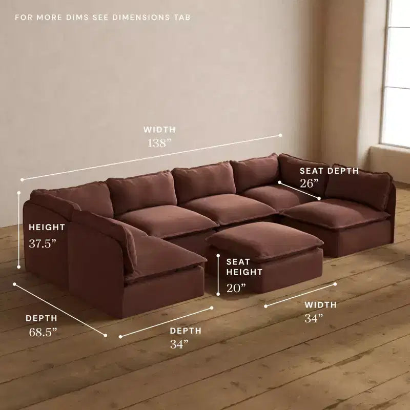 Anabei Modular Washable 6-Seater Open-Ends U-Sectional Sofa + Ottoman | Memorix+ Seat & Contour Pillow