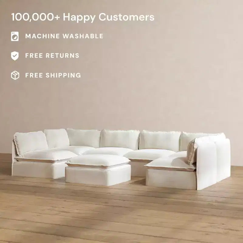 Anabei Modular Washable 6-Seater Open-Ends U-Sectional Sofa + Ottoman | Memorix+ Seat & Contour Pillow