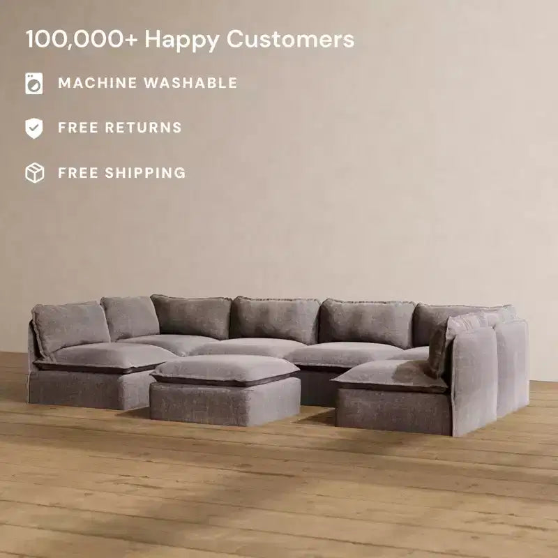 Anabei Modular Washable 6-Seater Open-Ends U-Sectional Sofa + Ottoman | Memorix+ Seat & Contour Pillow