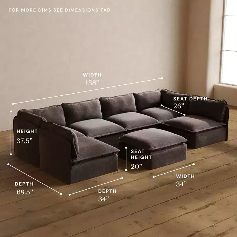 Anabei Modular Washable 6-Seater Open-Ends U-Sectional Sofa + Ottoman | Memorix+ Seat & Contour Pillow