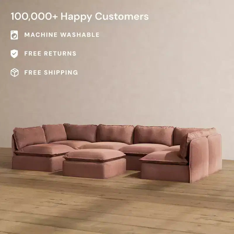 Anabei Modular Washable 6-Seater Open-Ends U-Sectional Sofa + Ottoman | Memorix+ Seat & Contour Pillow