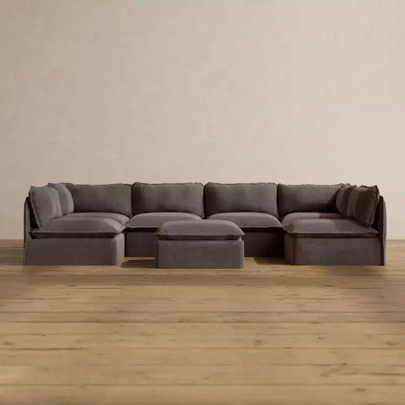 Anabei Modular Washable 6-Seater Open-Ends U-Sectional Sofa + Ottoman | Memorix+ Seat & Contour Pillow