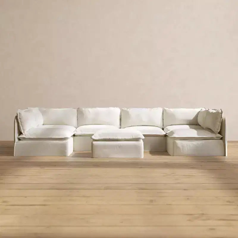Canapé d'angle en U Anabei modulaire lavable 6 places avec extrémités ouvertes + Pouf | Siège Memorix+ et oreiller profilé